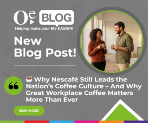 "A promotional graphic for a new blog post featuring a smiling man and woman holding coffee cups. The title reads, 'Why Nescafé Still Leads the Nation’s Coffee Culture – And Why Great Workplace Coffee Matters More Than Ever.' Green button says 'Read More.' Keywords: coffee, workplace, blog post, Nescafé."