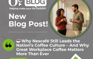 "A promotional graphic for a new blog post featuring a smiling man and woman holding coffee cups. The title reads, 'Why Nescafé Still Leads the Nation’s Coffee Culture – And Why Great Workplace Coffee Matters More Than Ever.' Green button says 'Read More.' Keywords: coffee, workplace, blog post, Nescafé."