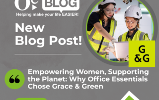 Alt text: "A promotional graphic for a blog post titled 'Empowering Women, Supporting the Planet.' Features two women in safety gear examining a tablet, with bold text emphasizing the new blog post. The background is grey with green accents, conveying a modern and empowering tone."