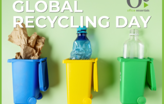 Global Recycling Day graphic featuring three coloured recycling bins (blue, yellow, green) with paper, plastic bottle, and glass bottle on a green background with Office Essentials logo.
