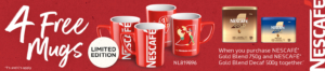Red banner with an offer for "4 Free Mugs" featuring four red Nescafé mugs. Beside them, two Nescafé Gold coffee jars indicate the purchase requirement.