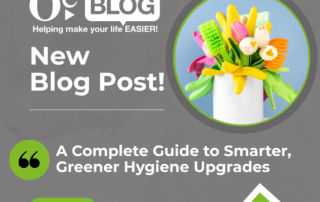 Alt text: "Announcement for a new blog post featuring a bouquet of colorful cleaning brushes resembling flowers in a vase. Text: 'A Complete Guide to Smarter, Greener Hygiene Upgrades. Read More!' The tone is fresh and inviting."