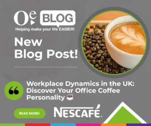 A blog post announcement with a cup of latte and coffee beans. Text highlights "Workplace Dynamics in the UK" and features the Nescafé logo.