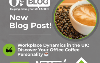 A blog post announcement with a cup of latte and coffee beans. Text highlights "Workplace Dynamics in the UK" and features the Nescafé logo.