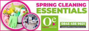 Spring cleaning essentials banner with cleaning supplies and group cleaning scene. Includes contact info for Office Essentials: 0845 456 9601.