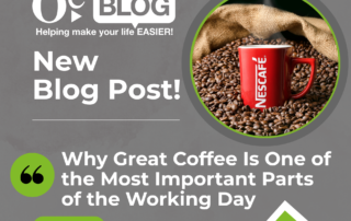 'NEW BLOG POST' Nescafe Coffee Mug - Title is 'Why Great Coffee Is One of the Most Important Parts of the Working Day'