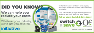 Alt text: "Promotional image for Initiative Office Essentials highlighting cost-saving products. Features office supplies like paper, folders, and staplers on the right. Bold text reads 'Did You Know? We can help you reduce your costs!' Encourages using 'Switch & Save' for budget-friendly options. Green and white color scheme conveys eco-friendliness."