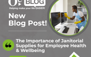 A new blog post announcement with a photo of a person cleaning an office desk. Text highlights the importance of janitorial supplies for employee health and wellbeing.