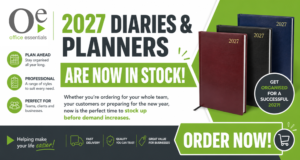 Office Essentials website banner promoting 2027 diaries and planners now in stock. Features burgundy, black and blue hardback diaries with the message 'Order Now', highlighting planning ahead for teams, customers and businesses. Branded in Office Essentials green and grey with the strapline 'Helping make your life easier!