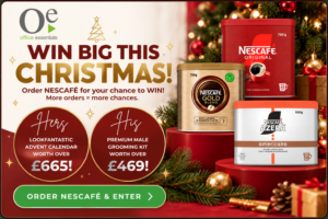 Office Essentials Christmas giveaway featuring NESCAFÉ products, with two prizes: a LOOKFANTASTIC Advent Calendar worth over £665 and a Premium Male Grooming Kit worth over £469.